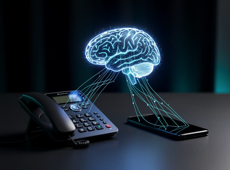 AI brain hologram connecting to business phone devices