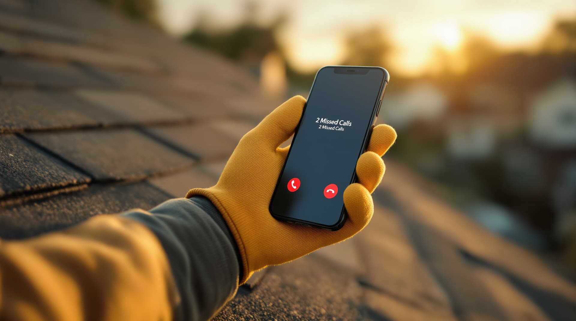 Contractor's gloved hand holding a smartphone on a rooftop with "2 Missed Calls" notification — missed leads from Angi and HomeAdvisor