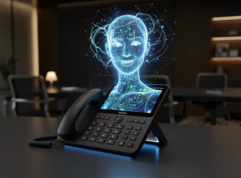 AI phone agent hologram emerging from VoIP desk phone