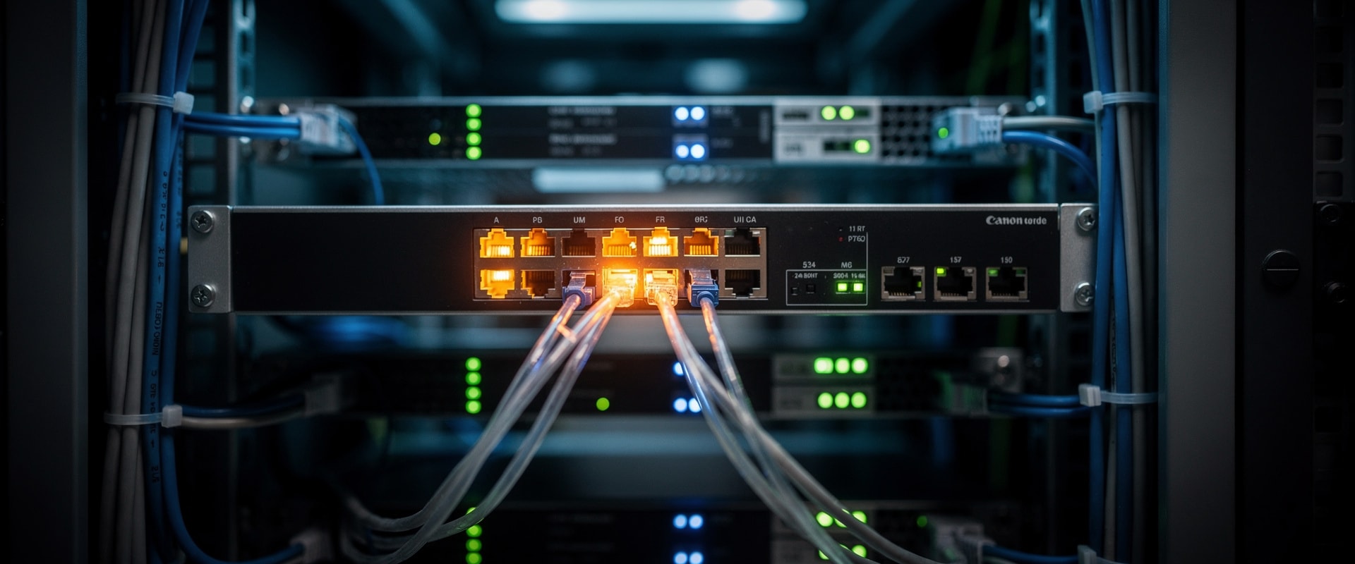 Server rack with network switches and fiber optic connections