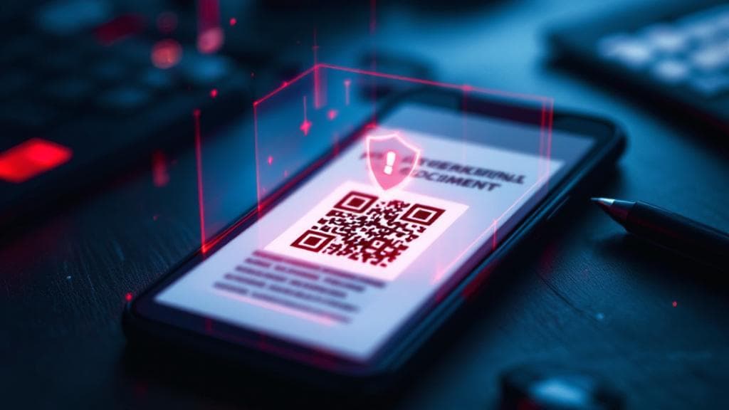 Smartphone displaying a QR code with a red security warning overlay